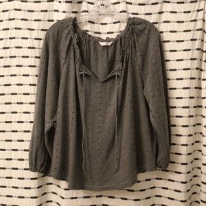 Adorable Lucky Brand New Medium Gray Embroidered Eyelet Cotton Peasant Blouse